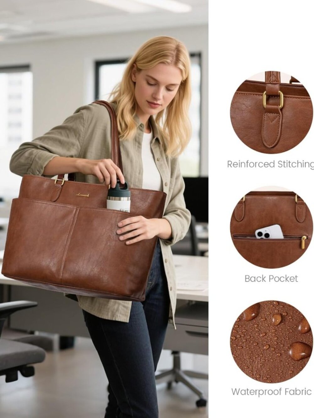 Stylish Vintage Leather Work Tote for Women, 15.6" Laptop Bag with Cup Holder - Picture 6 of 6